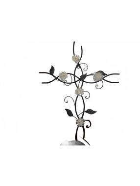 Decorative Metal Wall Cross with Floral Accents 25x17